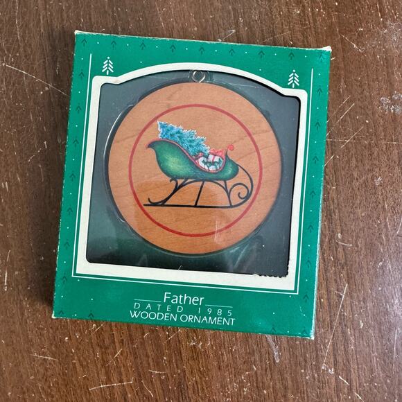 Hallmark Father Christmas Ornament 1985 New‎ Dead Stock Wooden Ornament Sleigh - Picture 1 of 5